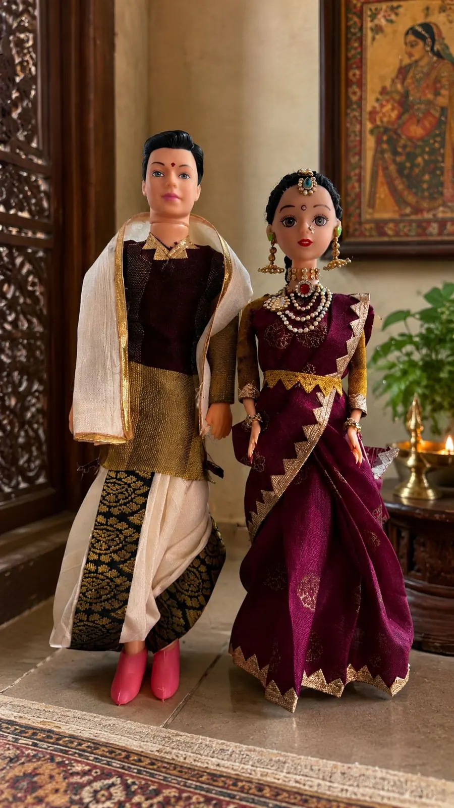Maroon Silk Couple Dolls