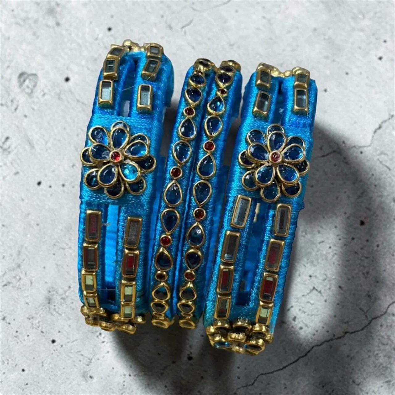 Kundan Flower Silk Bangles — Set of 3