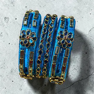 Kundan Flower Silk Bangles — Set of 3